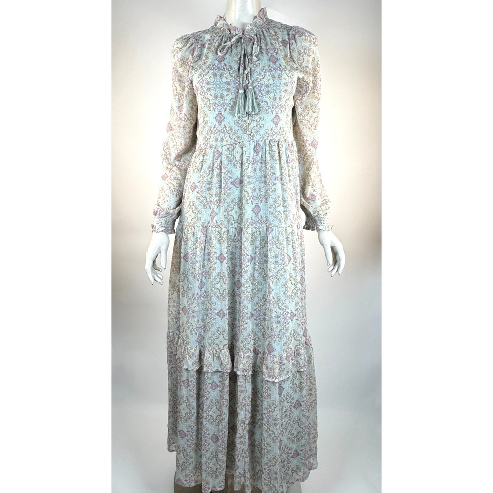 Bohme Floral Maxi Dress Women M‎ NWT Boho Chiffon Lined Long Sleeve Tasseled